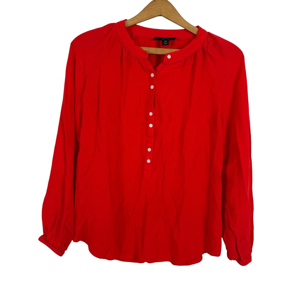 J Crew Top Womens Size XS Red 1/4 Button Popover Long Sleeve Casual Holiday